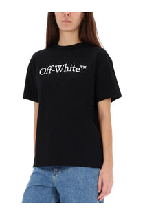 Off-white women’s black cotton t-shirt with white cursive logo across the chest for casual wear