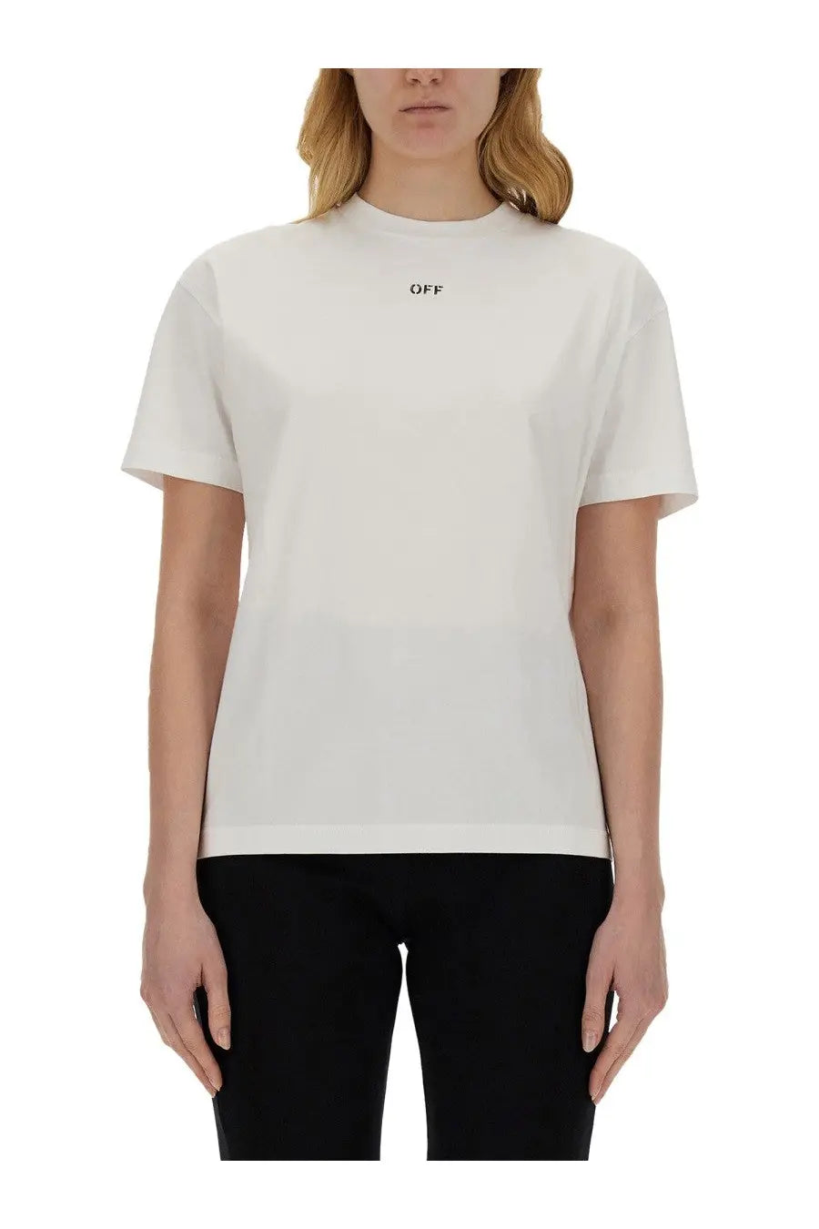 Off-white women’s white cotton t-shirt with minimalist black off logo on the chest