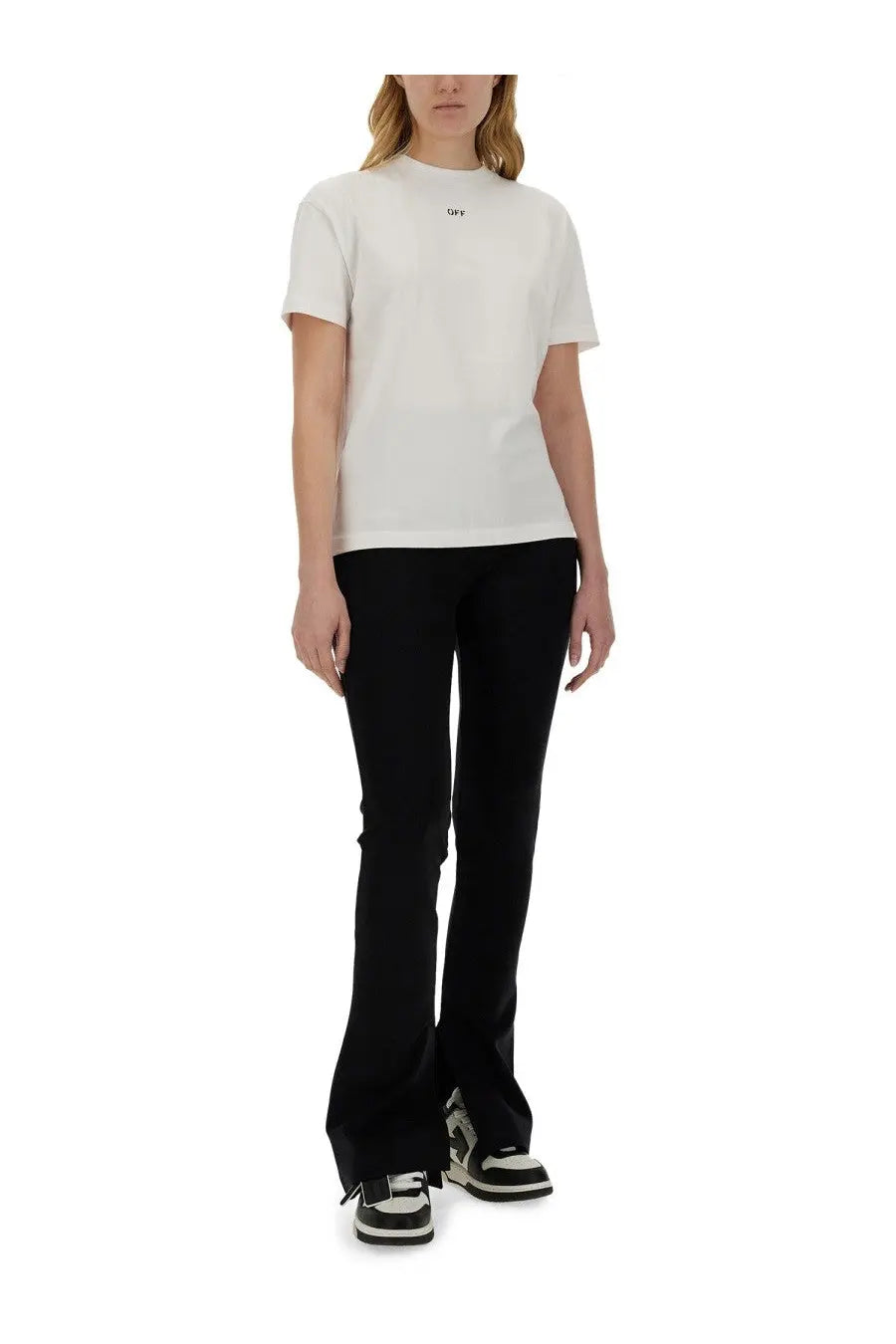Off-White women’s white short-sleeved shirt with a small black logo on the chest made of soft cotton fabric