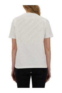 Off-white women’s white short-sleeved t-shirt showing the back with subtle geometric embroidery on cotton fabric