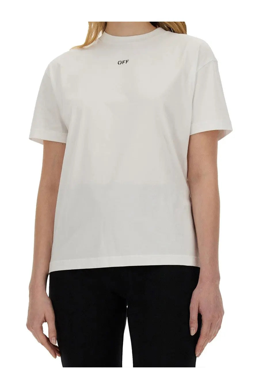 Off-white women’s t-shirt with minimalist black off logo embroidered on the chest in cotton material