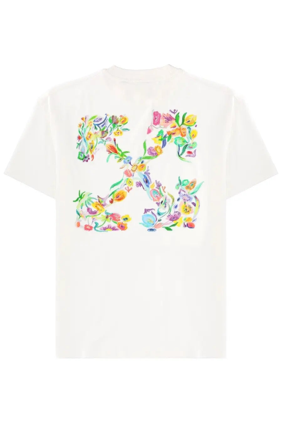 Off-white women’s white shirt featuring a vibrant floral watercolor xx logo design on the front