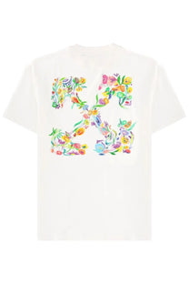 Off-white women’s white shirt featuring a vibrant floral watercolor xx logo design on the front