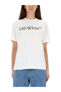 Off-White women’s white short-sleeved cotton t-shirt with black logo print on front for casual wear