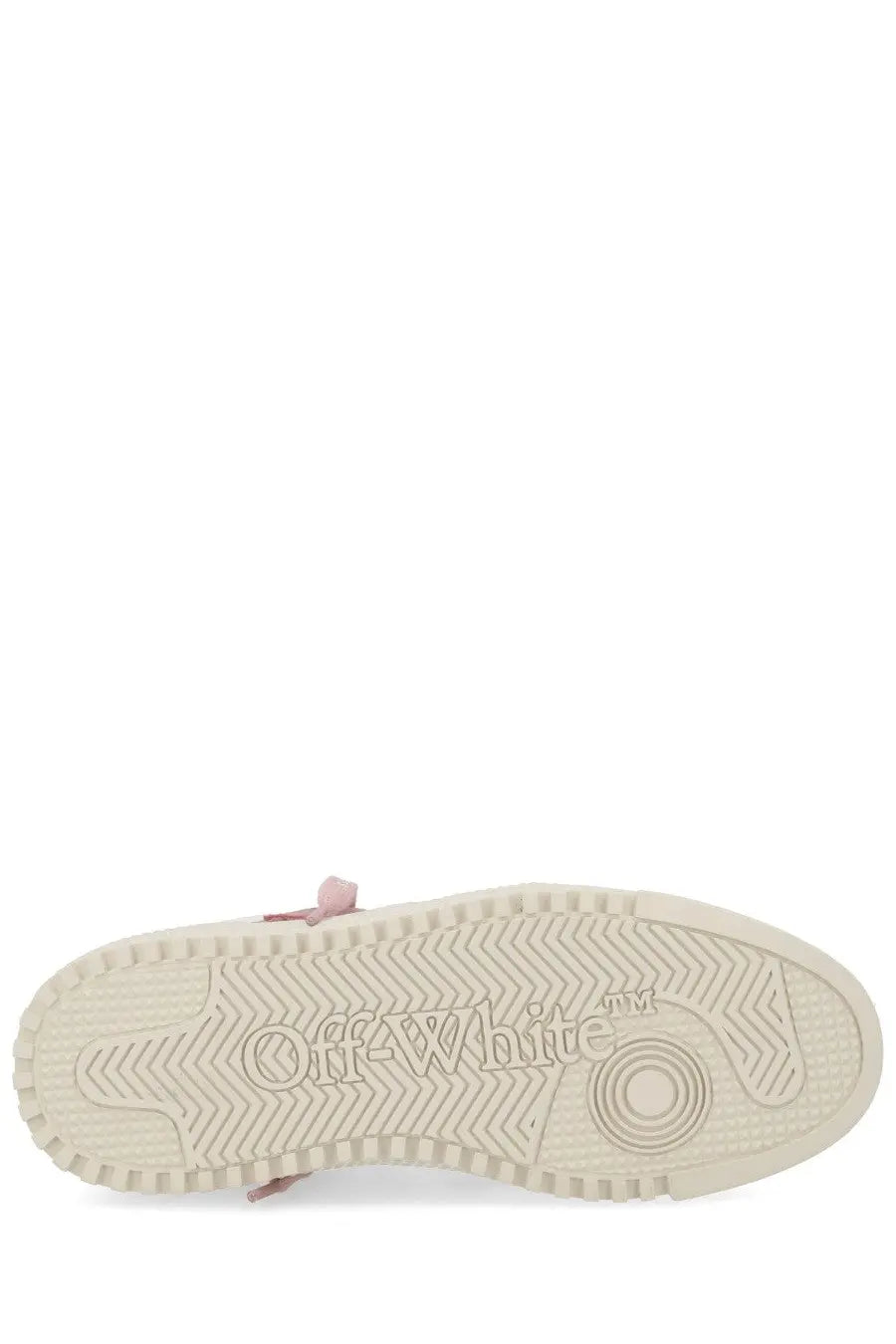 Off-White women’s low top court blue sneaker with cream rubber sole and subtle pink heel strap accents from back side
