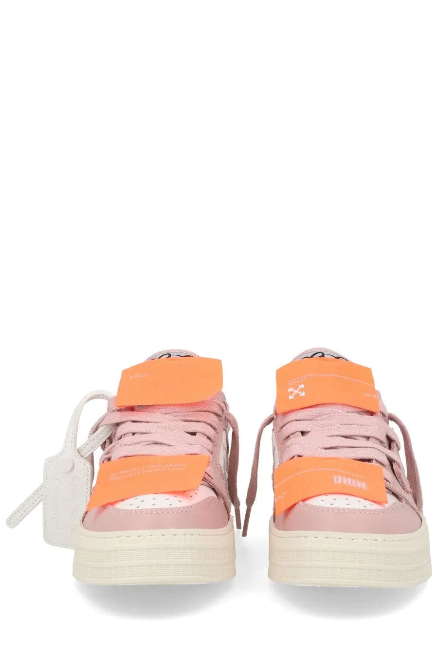Off-White women’s low top sneaker in pink with bright orange strap accents and chunky white sole