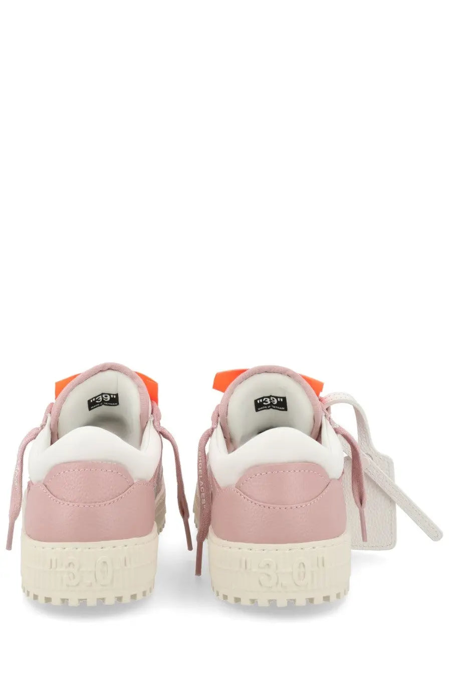 Off-white women’s low top court blue sneakers in pink and white with orange heel tab accents