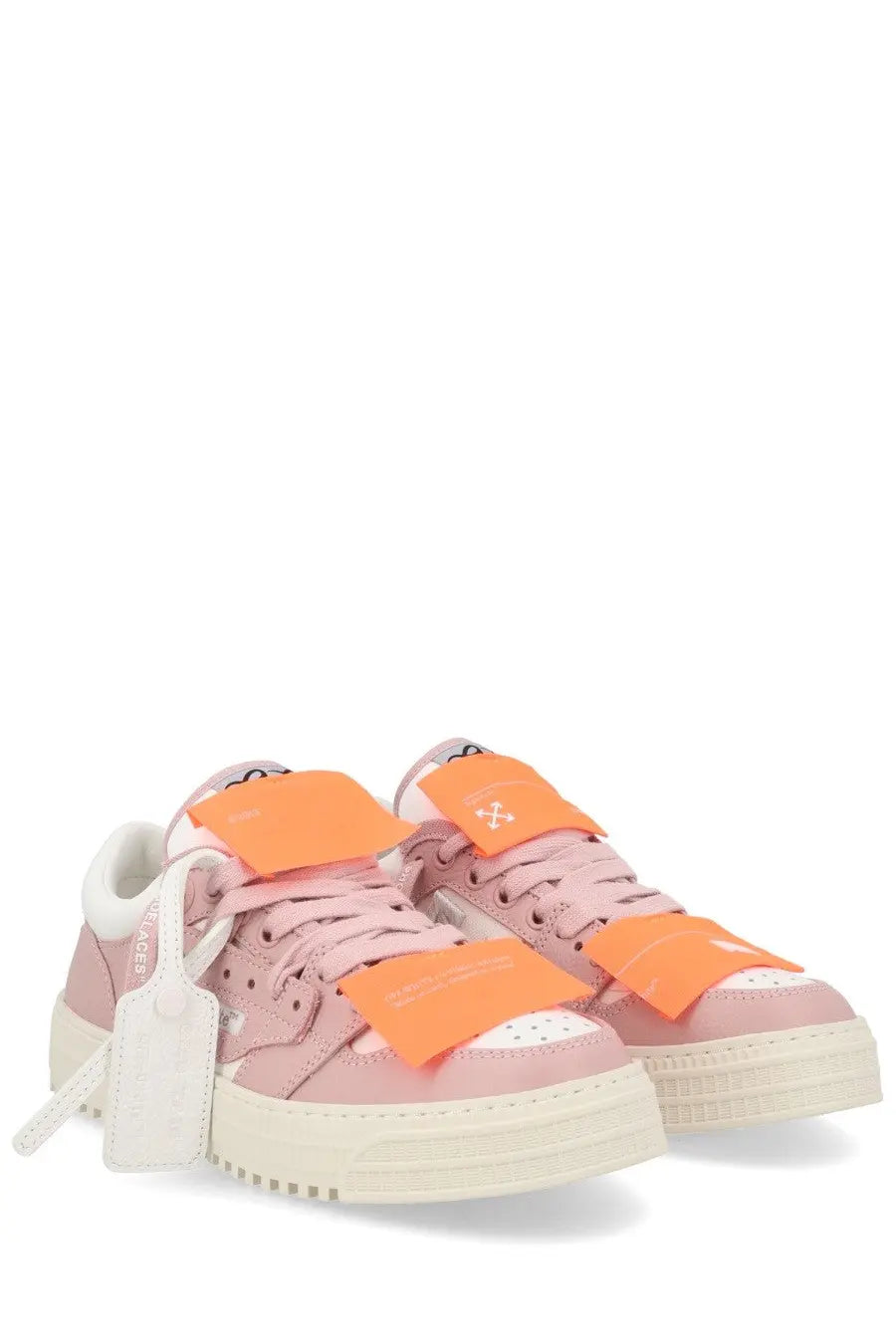 Off-white women’s low top court blue sneakers in pink off-white with vibrant orange straps and chunky white soles