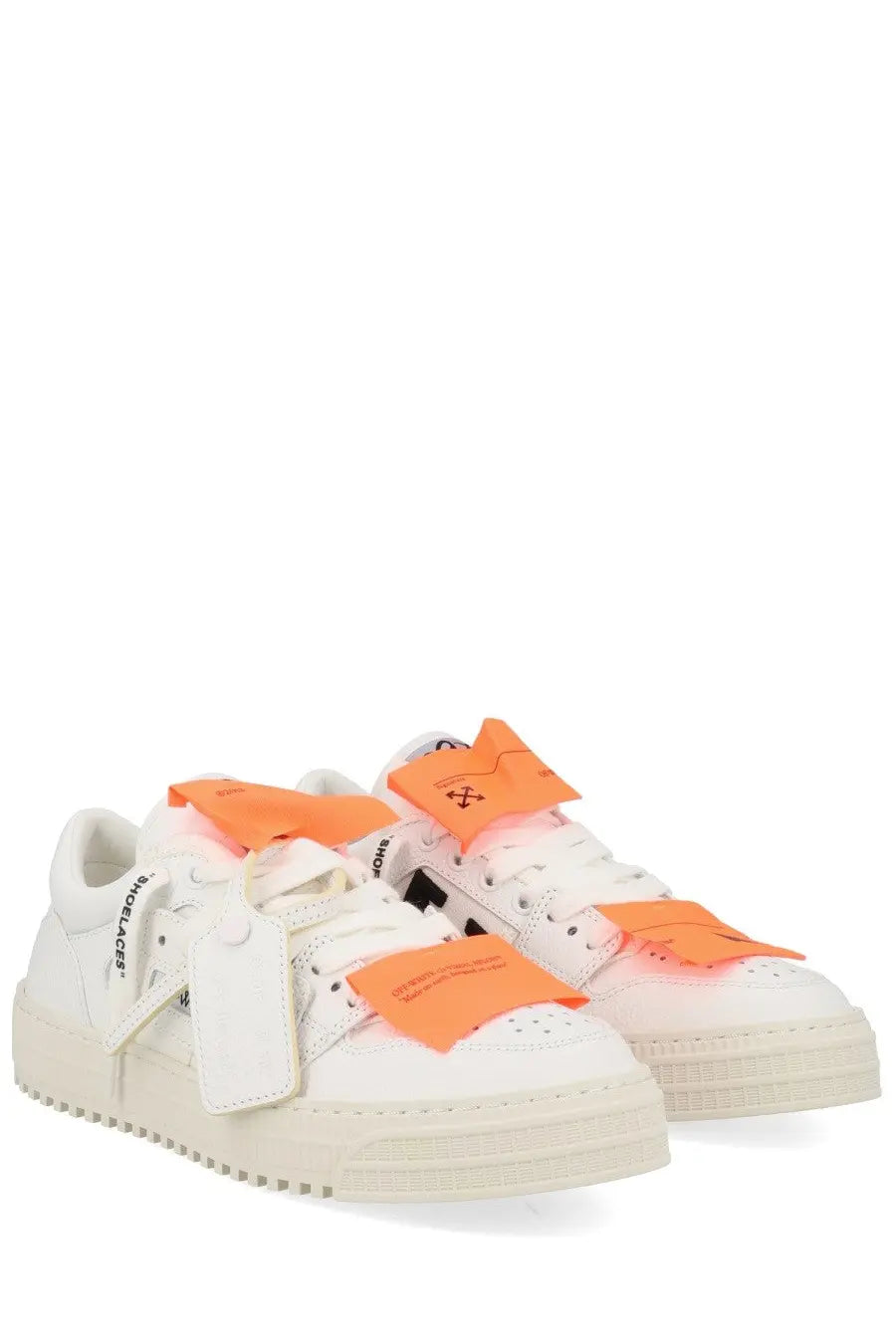 Off-White women’s low top court sneaker in white with vibrant orange fabric straps and black logo accents