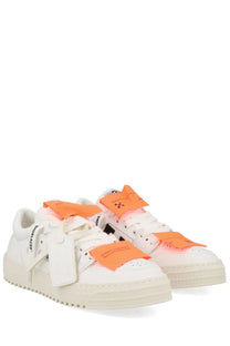 Off-White women’s low top court sneaker in white with vibrant orange fabric straps and black logo accents