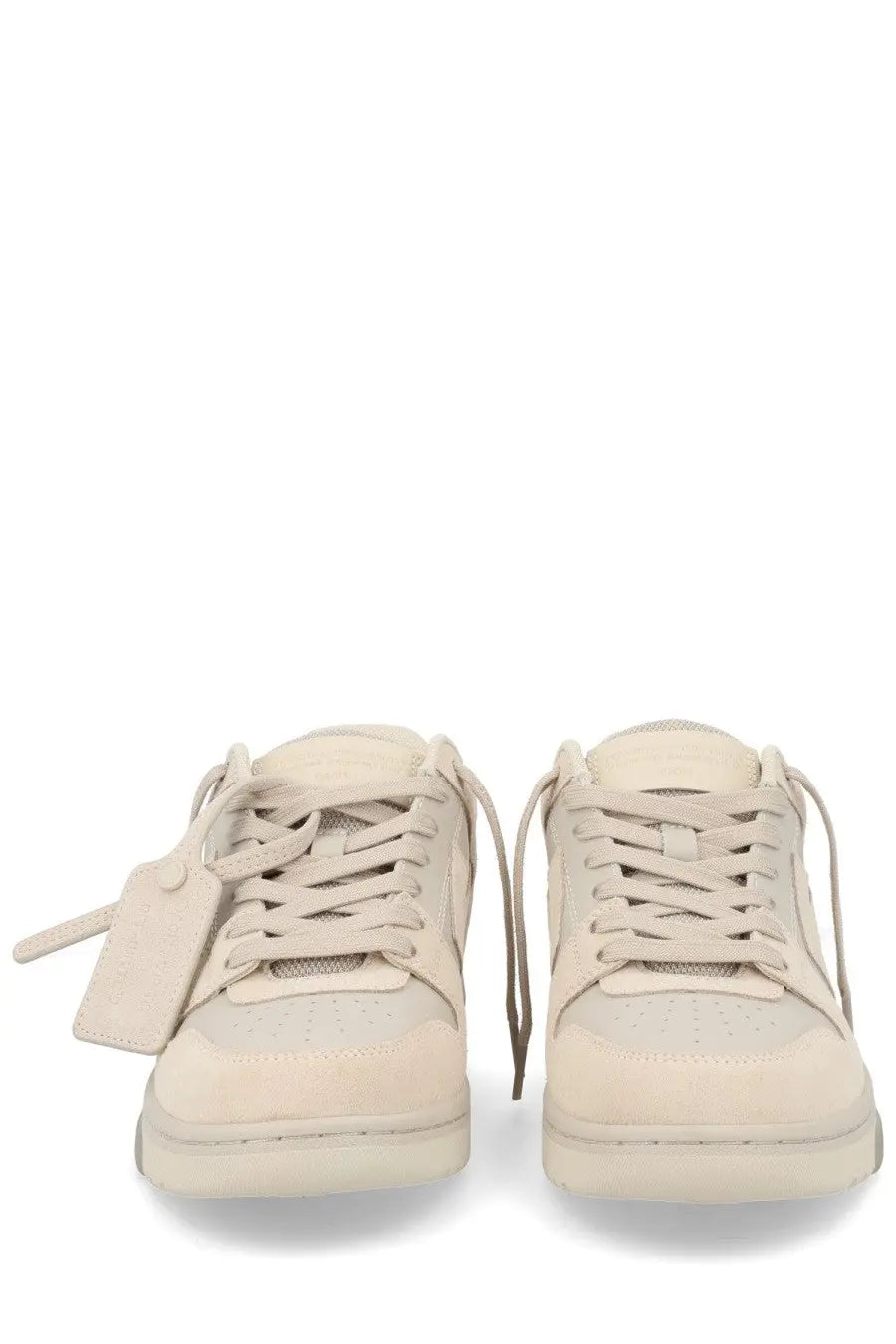 Off-White women’s sneaker out of office beige cream-colored suede and mesh with minimalist design and attached tag on left shoe