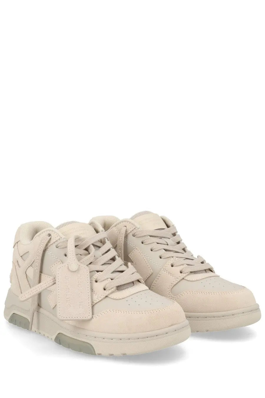 Beige suede Off-White women’s sneaker Out of Office with chunky sole and signature off-white logo tag