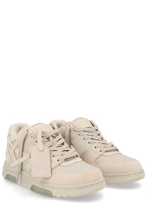 Beige suede Off-White women’s sneaker Out of Office with chunky sole and signature off-white logo tag