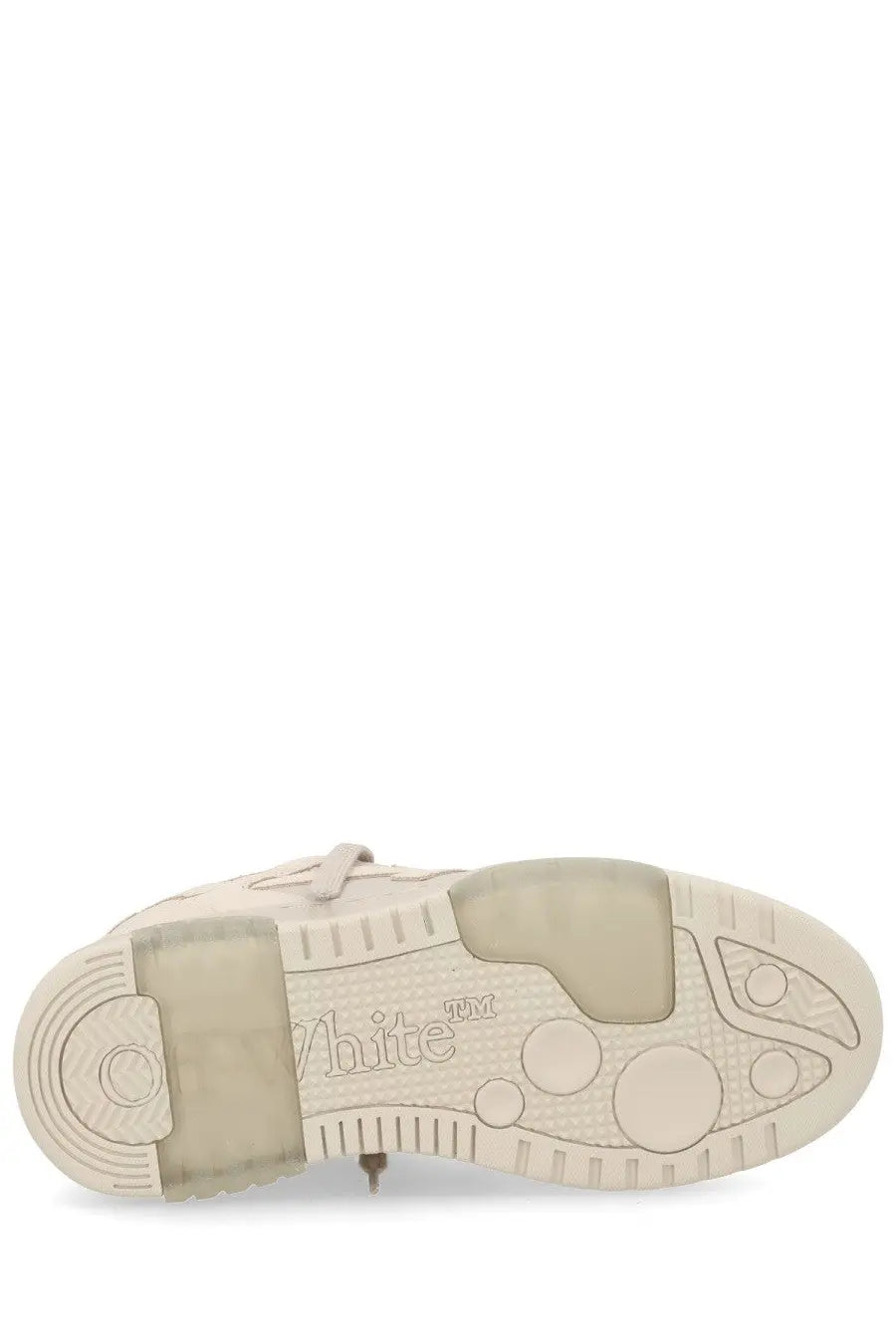 Off-White women’s sneaker out of office beige with textured rubber sole and embossed branding in beige leather