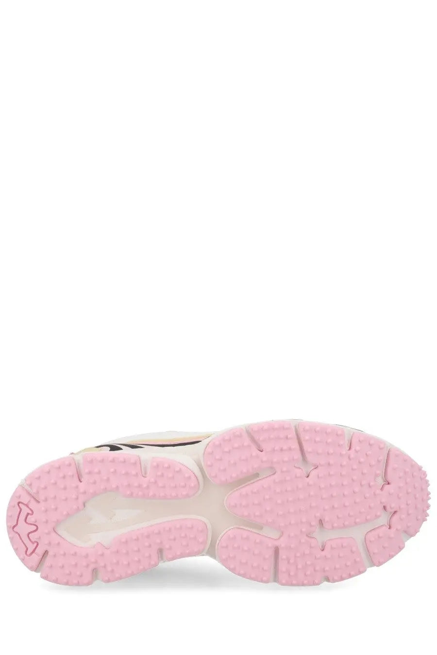 Off-white women’s sneaker be right back white showing the back with pink rubber sole white midsole and black heel accents