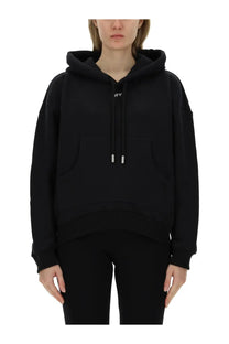Off white womens black hoodie with cropped silhouette ribbed cuffs front kangaroo pocket and silver drawstring toggles