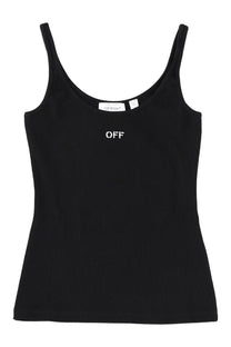 Off-White women’s black ribbed tank top with white off embroidery at the center made from soft cotton blend