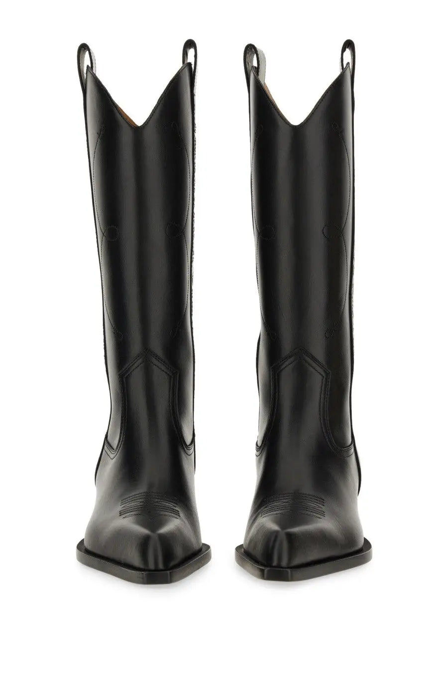 Off-white women’s Texan black leather cowboy boots with stitched decorative patterns and square toe for walking