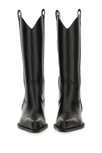Off-white women’s Texan black leather cowboy boots with stitched decorative patterns and square toe for walking