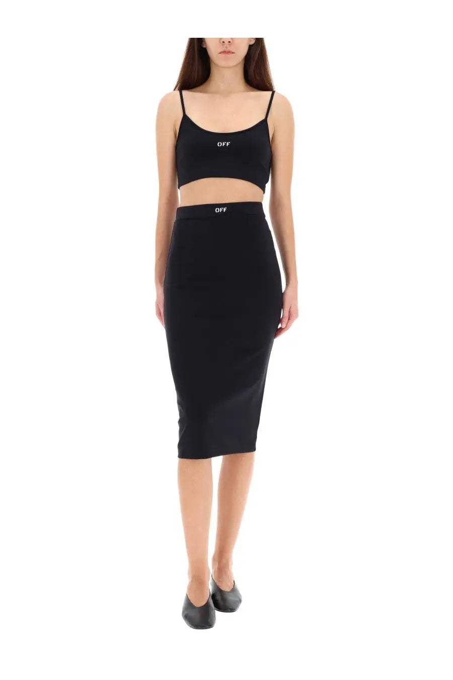 Off-White women’s black crop top and pencil skirt set with white off branding on both pieces in a stylish design
