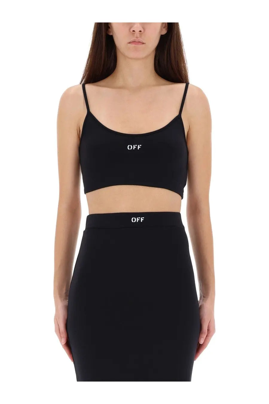 Off-White women’s black crop top with thin straps and white off logo embroidered on front