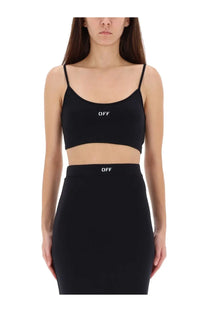 Off-White women’s black crop top with thin straps and white off logo embroidered on front