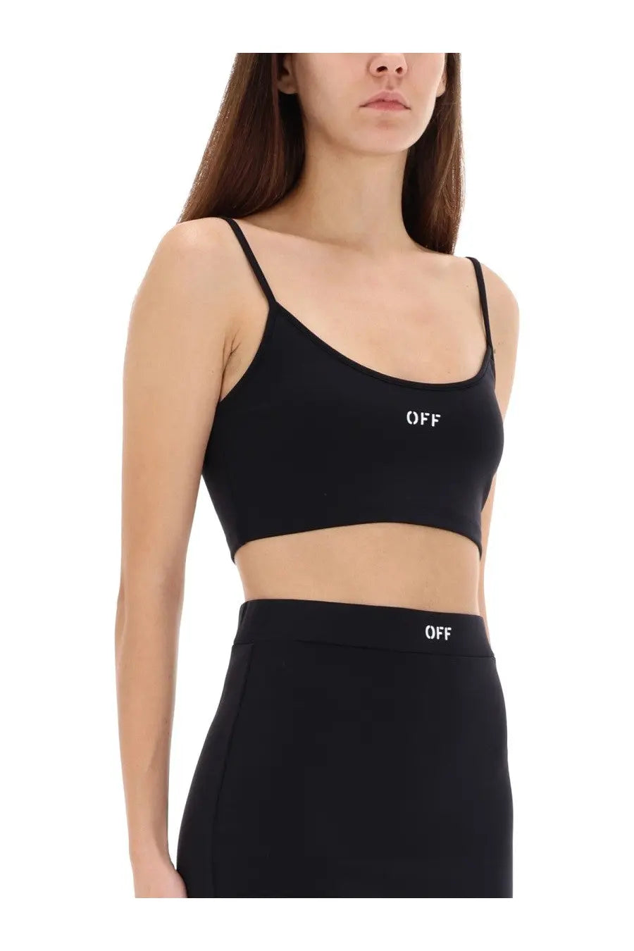 Off-white women’s black crop top with thin straps and white off branding on the front for casual wear