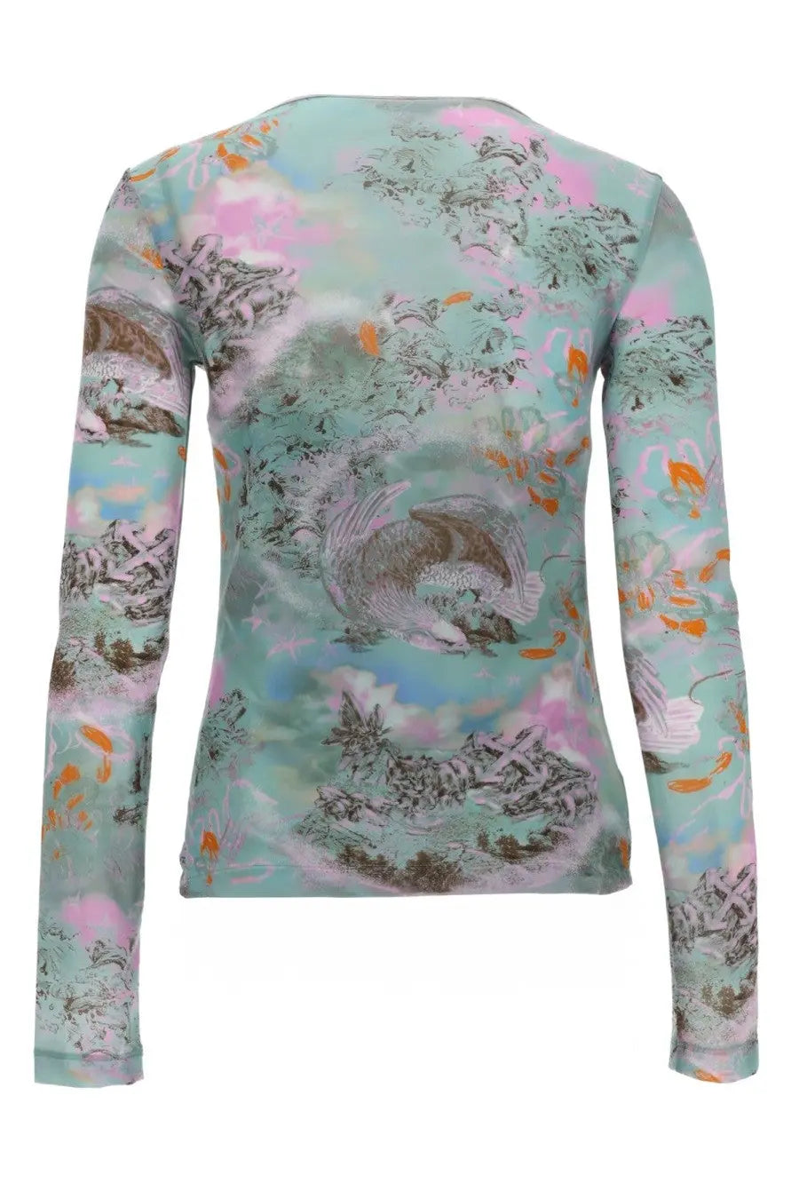 Off-White women’s long-sleeved top in soft mint green with whimsical dragon, cloud, and fish print in muted colors