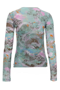 Off-White women’s long-sleeved top in soft mint green with whimsical dragon, cloud, and fish print in muted colors