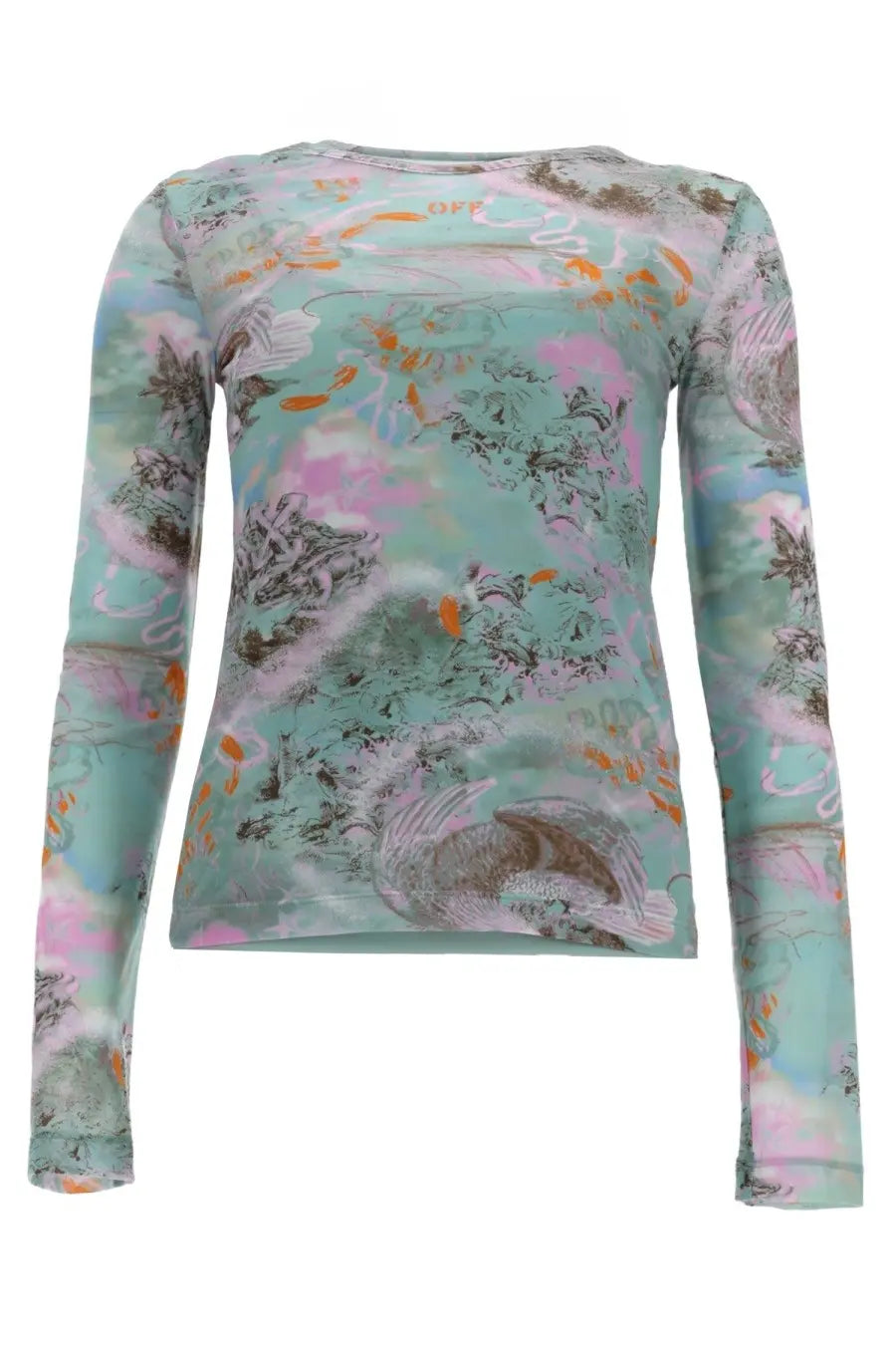 Off-white women’s mint green long-sleeved top with soft semi-transparent fabric and multicolor floral bird print