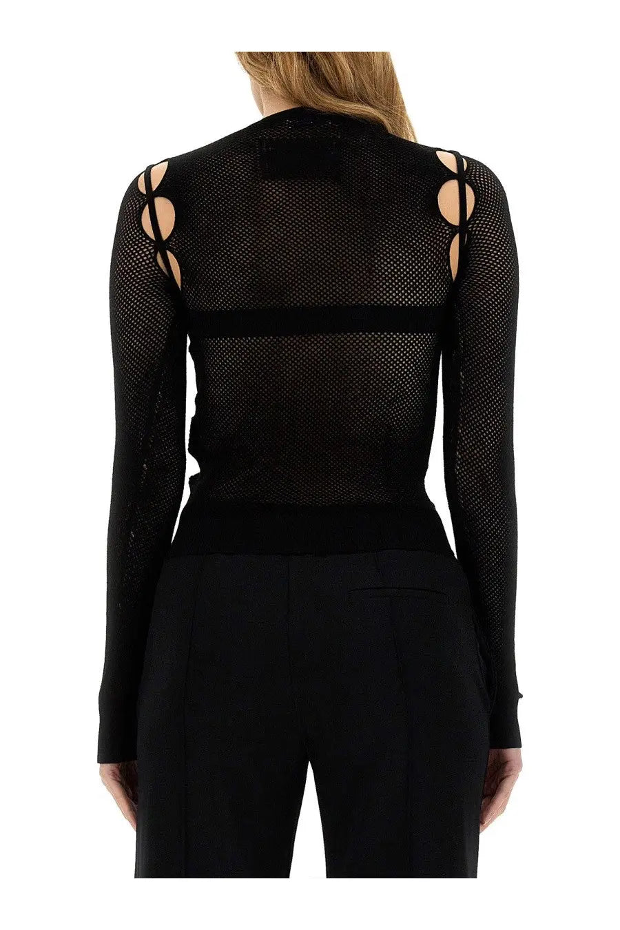 Off-white women’s black mesh long-sleeved top with cut-out shoulder details in net fabric