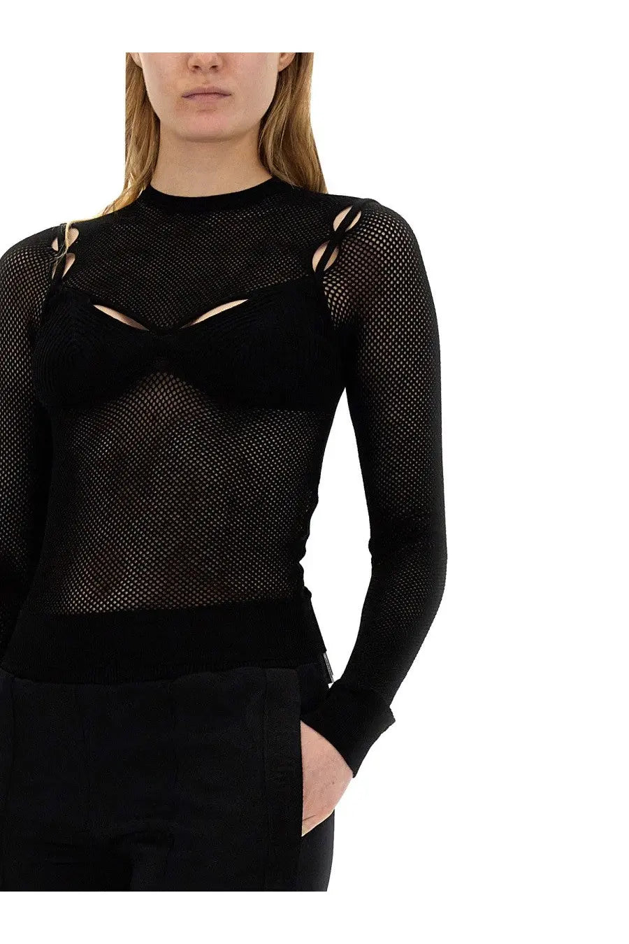 Off-White women’s black long-sleeved top net with sheer mesh fabric and structured shoulder cutouts