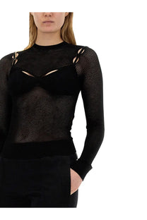Off-White women’s black long-sleeved top net with sheer mesh fabric and structured shoulder cutouts