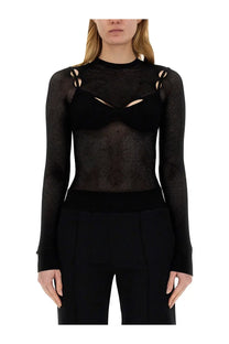 Off-white women’s black mesh long-sleeved top with sheer perforated body and structured bra-like bodice