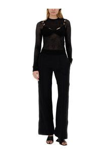 Off-white women’s top net black featuring a black mesh long-sleeved sheer textured fabric with a high neckline