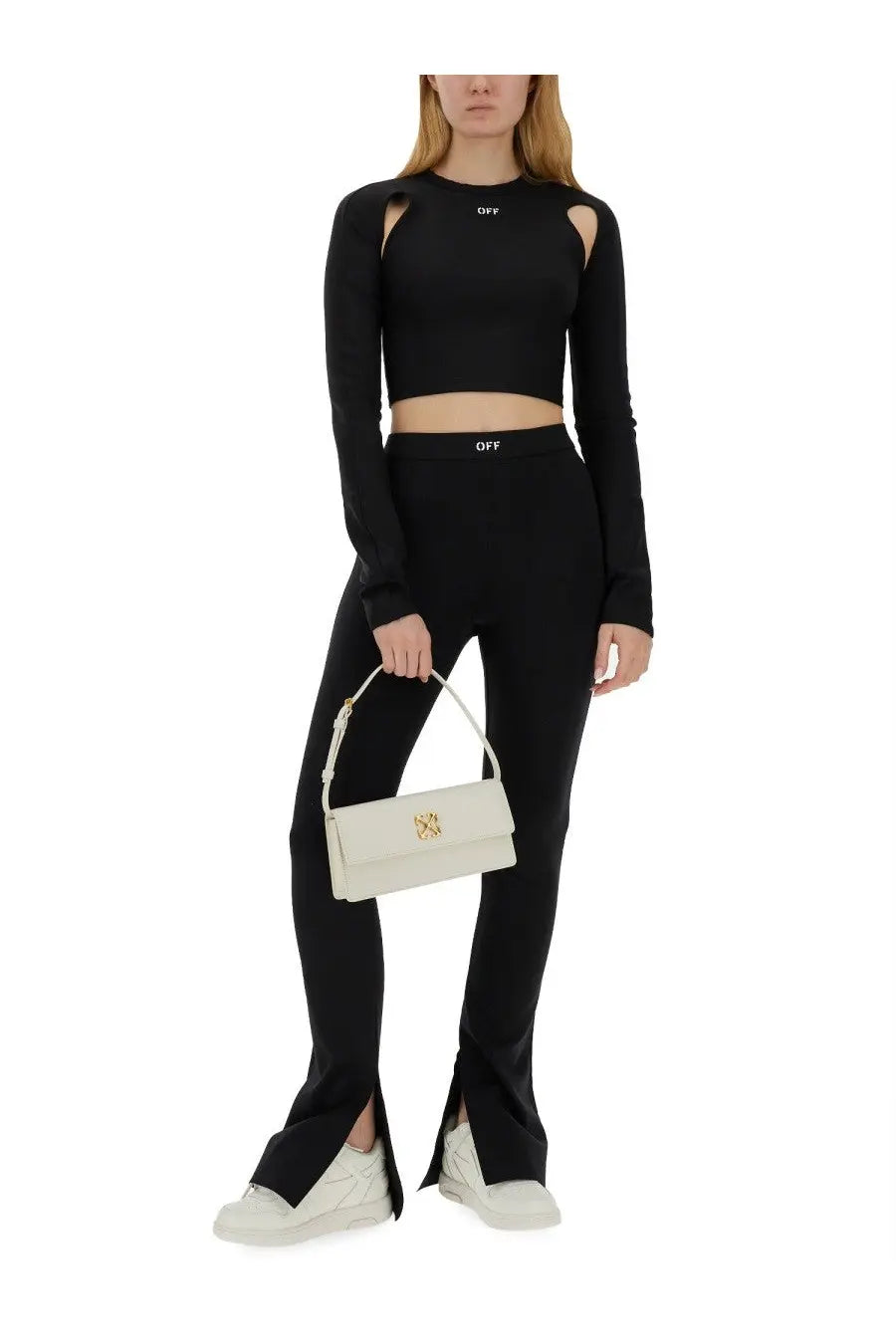 White leather clutch with gold tone logo clasp and handle complementing off white womens black tops product line