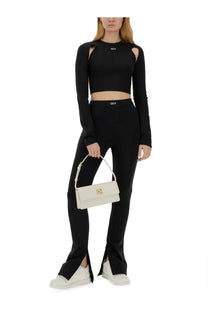 White leather clutch with gold tone logo clasp and handle complementing off white womens black tops product line
