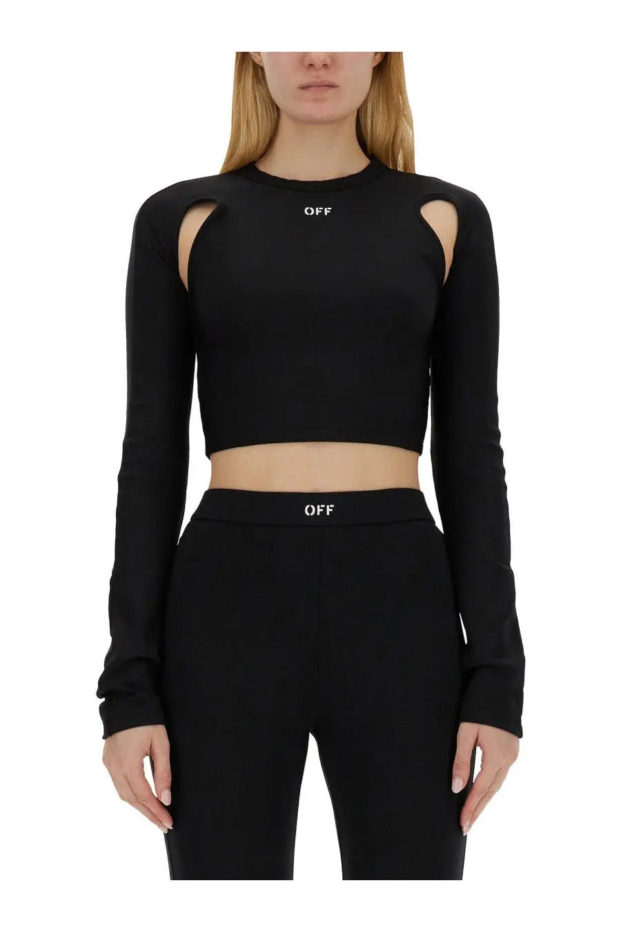 Off-White women’s black long-sleeved crop top with cut-out shoulders and white off branding on chest and waistband
