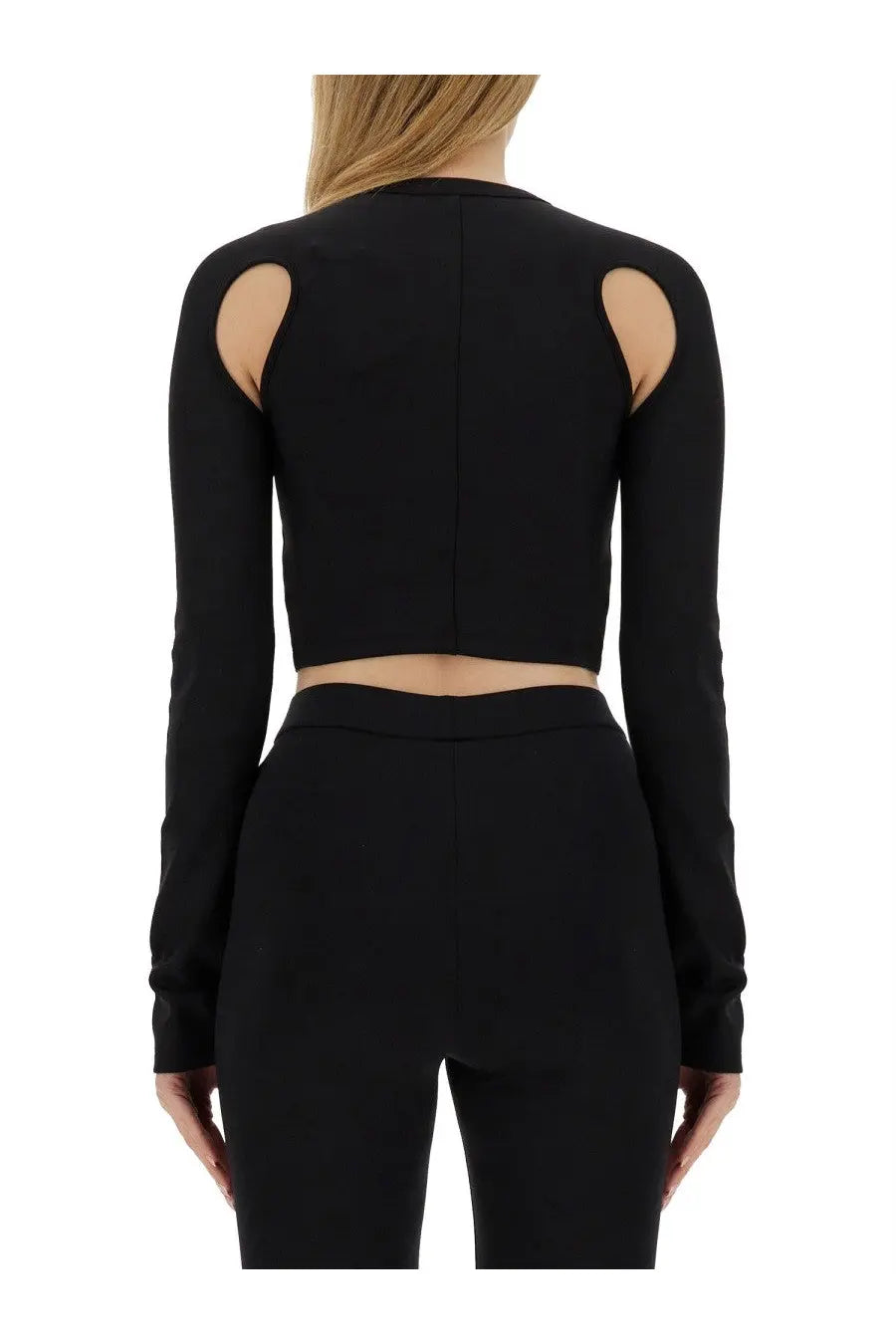 Off-White women’s black long-sleeved crop top with cut-out shoulder details in soft fabric for stylish wear