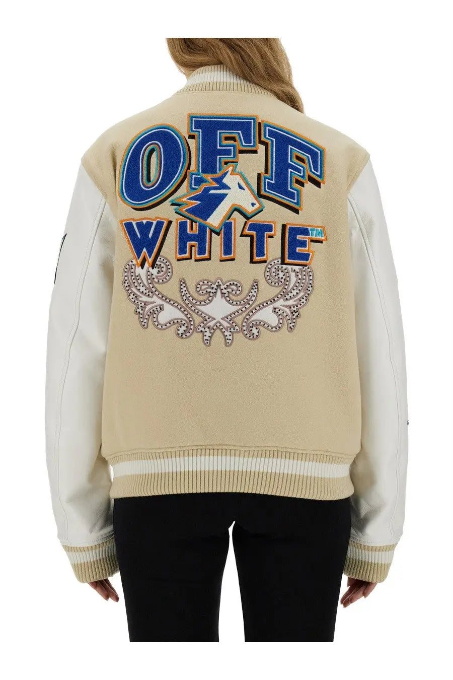Off-White women’s varsity jacket beige bomber style with bold blue embroidered logo and silver laurel wreath design