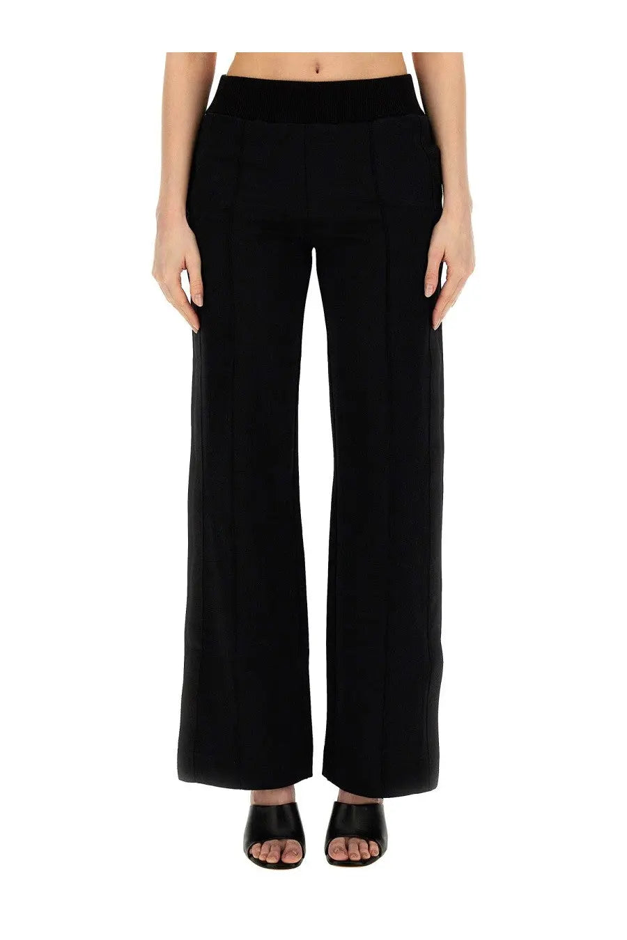 Off-White women’s black wide leg pants with high-waisted elasticated waistband and straight-cut legs