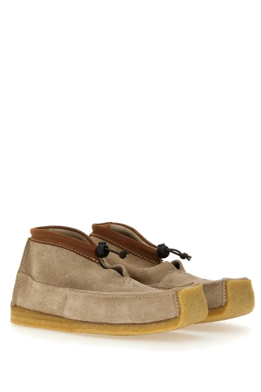 Woburn Walk men’s leather loafer beige featuring beige suede moccasin shoes with brown leather accents and black drawstrings