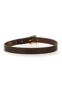 Brown leather woburn walk men’s qr belt with gold-toned buckle and gillian chilvers embossed on the inner side