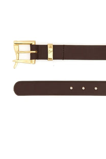 Brown leather woburn walk mens qr belt with gold toned buckle and matching metal plate