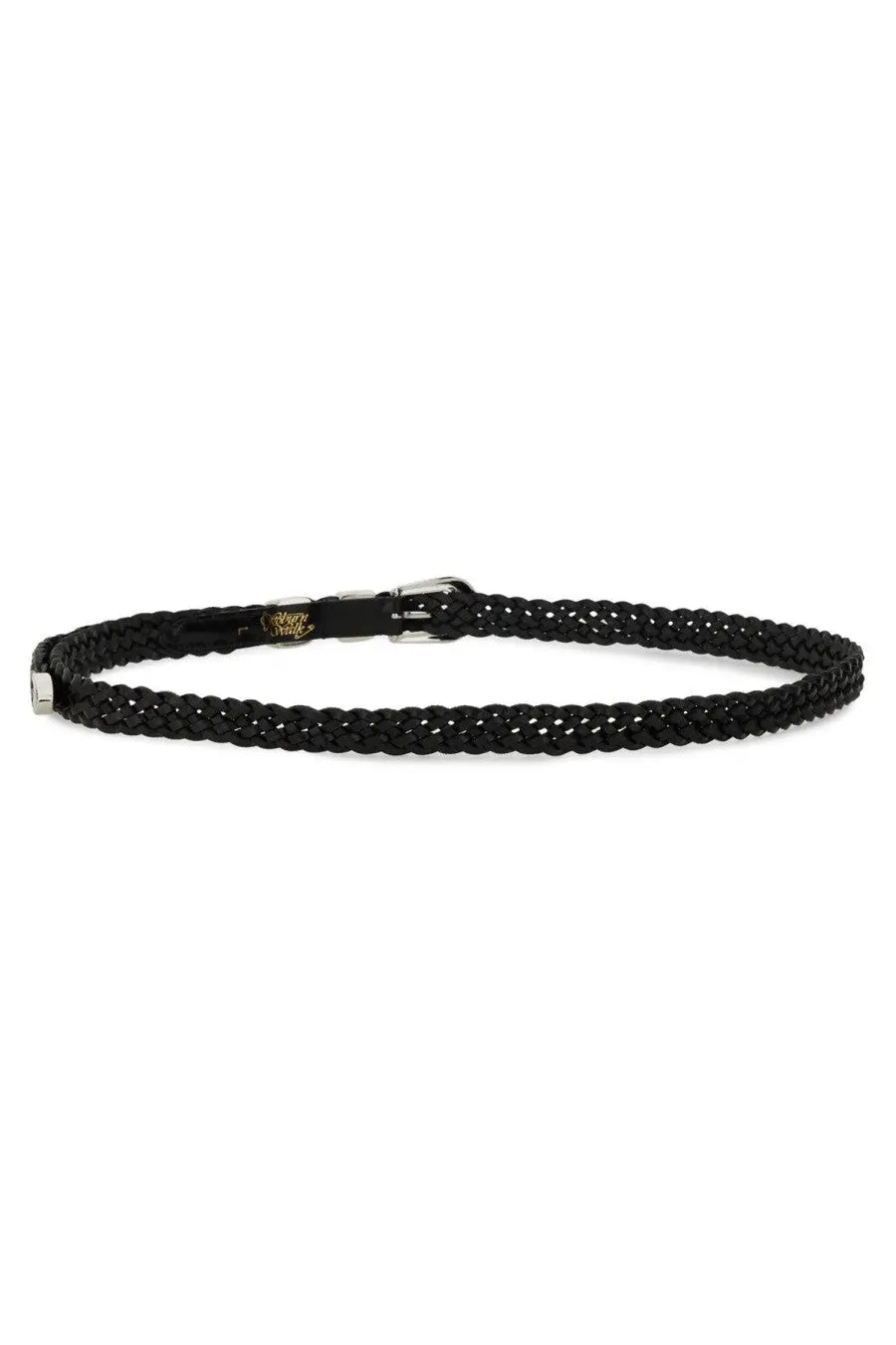 Black braided leather woburn walk men’s wing tip ply belt with silver buckle and gold logo plaque