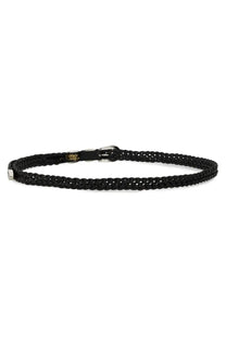 Black braided leather woburn walk men’s wing tip ply belt with silver buckle and gold logo plaque