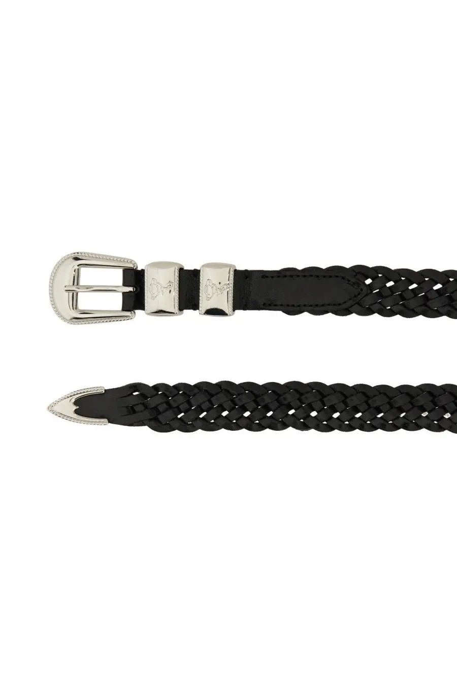 Black braided leather woburn walk men’s wing tip ply belt with silver buckle and decorative metal plates