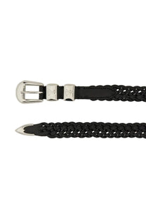 Black braided leather woburn walk men’s wing tip ply belt with silver buckle and decorative metal plates