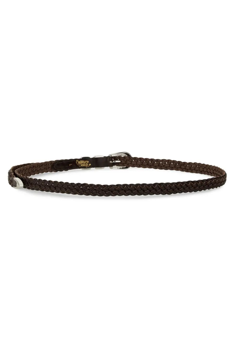 Brown braided leather men’s wing tip ply belt with silver buckle and metallic accent on the end woburn walk