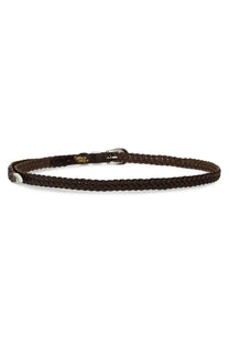 Brown braided leather men’s wing tip ply belt with silver buckle and metallic accent on the end woburn walk